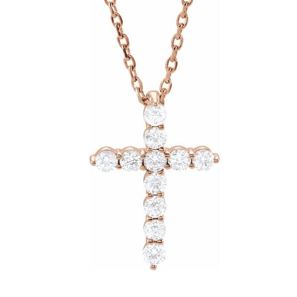 14K Rose Gold 1/4 CTW Diamond 11-Stone Cross Necklace 16-18 Inch